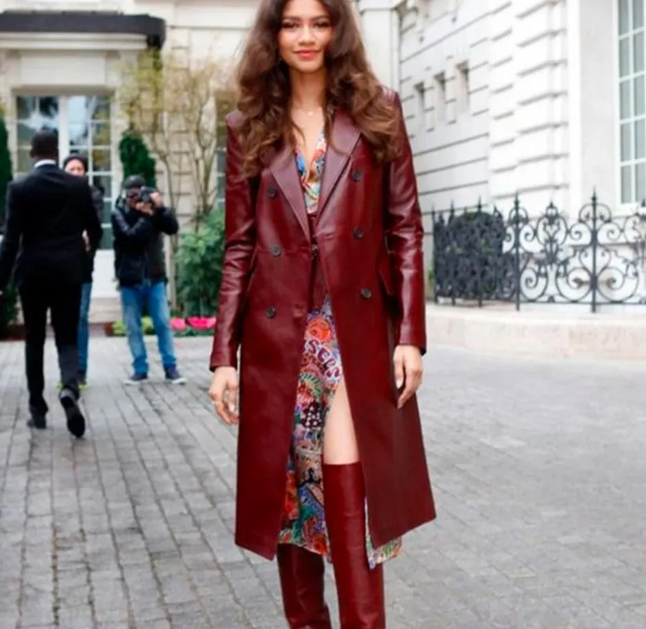 Zendaya Coleman Leather Trench Coat For Women